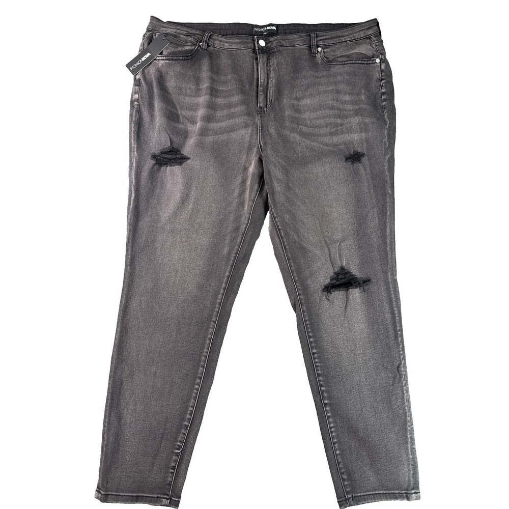 Fashion Nova Plus Skinny Jeans Womens 22 Black Wash Distressed Stretch‎ Denim